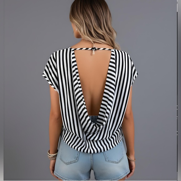 Tops - Striped Print Backless Batwing Sleeve Blouse